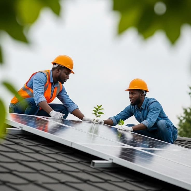 Workers installing solar panels